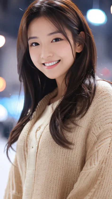 highest resolution, 4k, masterpiece: 1.3), japanese mature, photo of a woman, sexy: 1.1, fine eyes, slender body shape, realistic teeth, double eyelid, smile, whole body, highest quality, be familiar with, beauty, night, illumination, winter