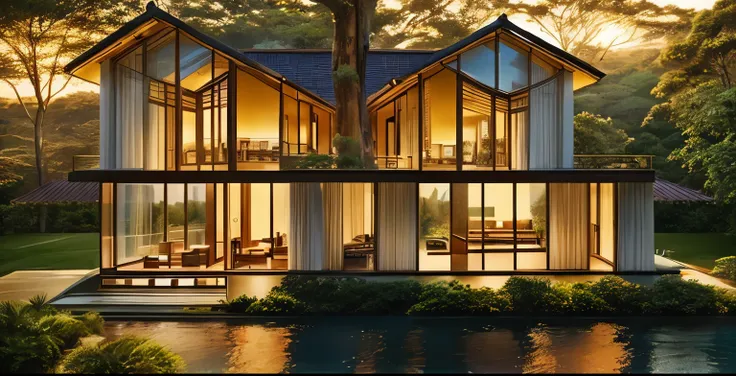 study、big window、PC、modern villa in the forest, golden hour, cinematic lighting, photo-realistic