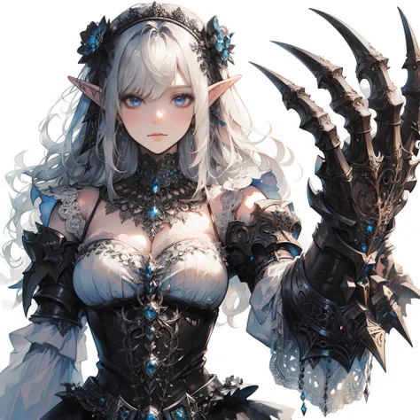 a elf woman wearing a long-sleeved and intricate gothic maid outfit with details of small accessories, white hair, blue eyes. sh...