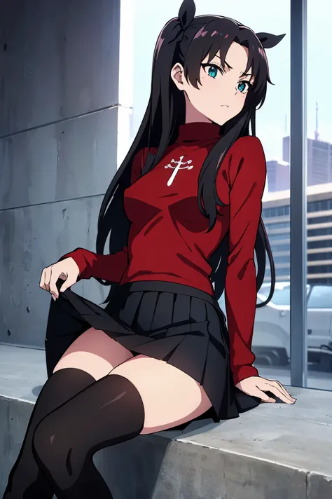 Nsfw,(masterpiece), highest quality, expressive eyes, perfect face, 1 girl, alone, hurry, Rin Tohsaka, aqua eye, black hair, hair ribbon, long hair, ribbon, side lock, two side up, black skirt, black Thighhighs, long sleeve, miniskirt, pleated skirt, ((red...