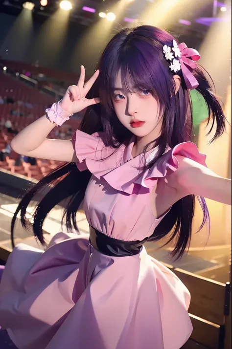 masterpiece, hshinoai,gloves, long hair, star \(symbol\), (purple hair:1.2), purple eyes, hair ornament, high quality