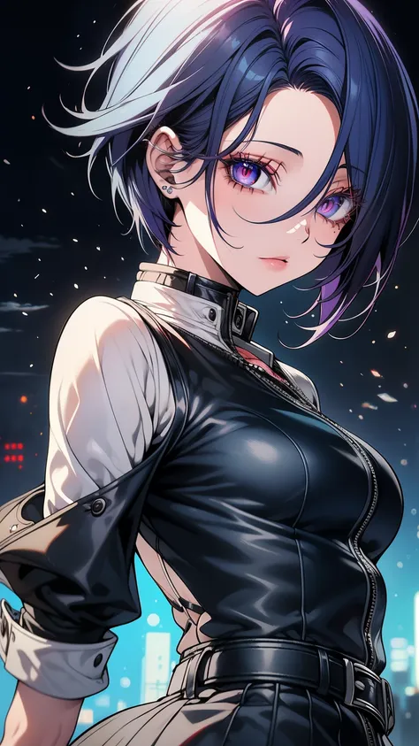 Obra-prima,Detalhado,High resolutions:1.4) , Foto del modelo, fechar, Rosto detalhado, Olhos finos e detalhados,, (Kirishima Touka),medium blue hair,ojo ghoul,retro jacket,Tokyo Ghoul,Fundo retrofuturista, cores vibrantes, hdr,, ,