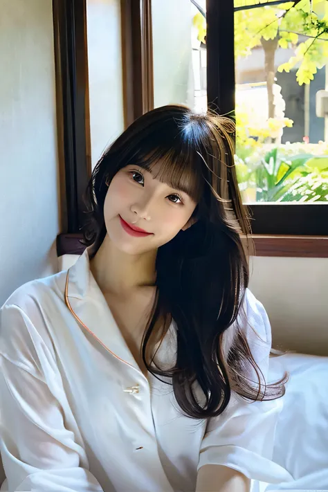 8k、highest quality、masterpiece、超A high resolution、photograph、The elegance of beautiful Japanese women、Single-lens reflex camera、There are some good ones too、A transparent atmosphere、sexy lip、slanted bangs、beautiful face、long hair、make bangs、smile、natural s...