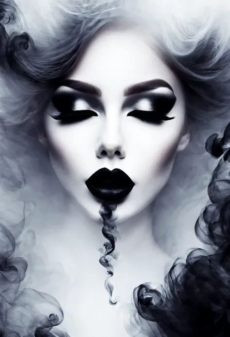 gothic art，Dream，（Just one stunning close-up of the face），Gothic makeup，Black and white smoke floats around，Only the mouth is red，Lots of white space，simple white background，