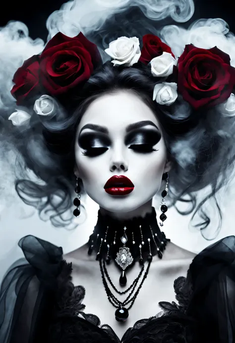 gothic art，dream，（just one stunning close-up of the face），gothic makeup，black and white smoke floats around，only the mouth is re...