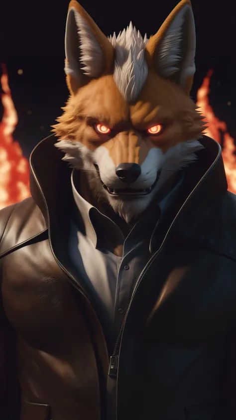 (best quality,8k,highres,masterpiece:1.2),ultra-detailed,(photorealistic:1.37),(dark lord Orochi fox),red glowing eyes,staring at the viewer,detailed facial features,same design as Iori Yagami,background from The King of Fighters 2000,fiery background,Seri...