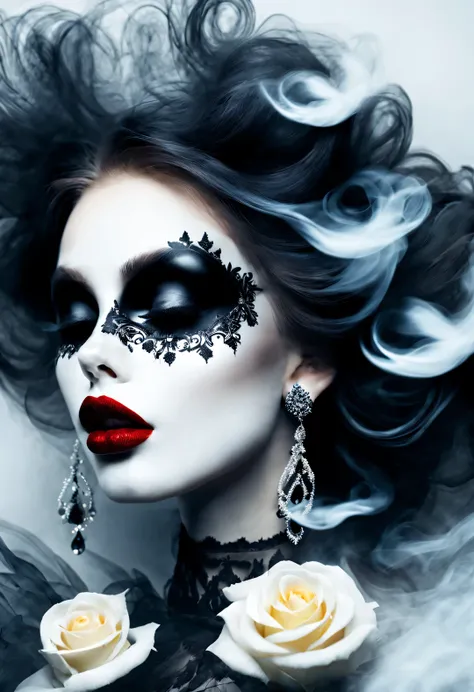 gothic art，Dream，（Just one stunning close-up of the face），Gothic makeup，There is a lot of black and white smoke floating around，Only the mouth is red，lots of white space，White Rose，black pearl jewelry，simple white background，