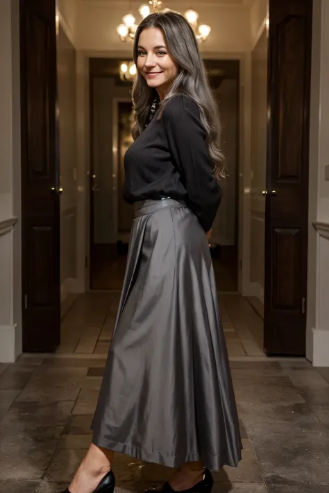 70 year old lady, well dressed in a long dark skirt, sober, elegant, posing for a photo. Ultra realistic image of smiling woman with unique friendliness, long gray hair