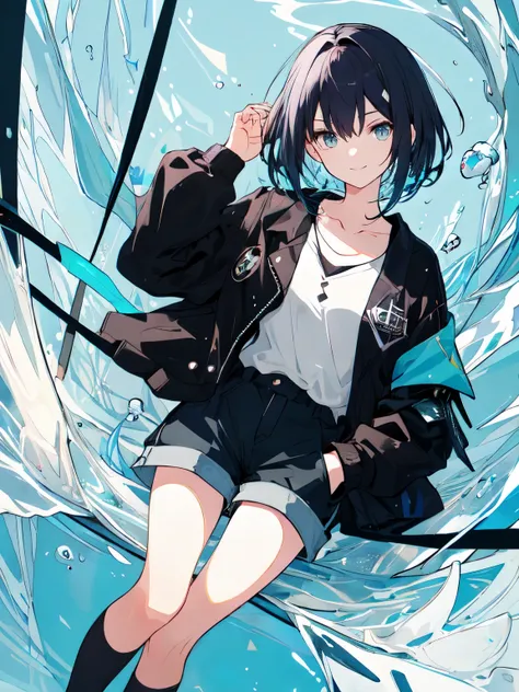 ((highest quality)), ((masterpiece)), ((super detailed)), (very delicate and beautiful), with a girl, solo, cold attitude,((black jacket)),she is very(relax)with(Calm)Appearance,black haired, Depth of the bounds written,evil smile,bubble, underwater, bubbl...