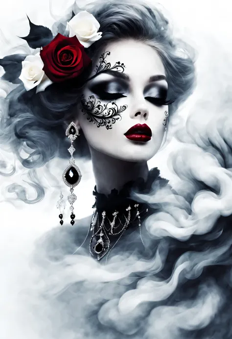 gothic art，dream，（just one stunning close-up of the face），gothic makeup，（a lot of black and white smoke floating around the face...