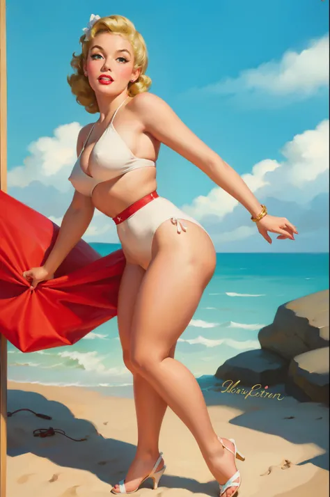 20 years old Girl at the beach, wearing a swim suit, medium breast, shining skin, dramatic lighting, pin up style, sexy, surprised, , colorful , masterpieces, illustrated, shining skin, detailed face, Medium breast. tight body. blonde hair, Illustrated BY ...