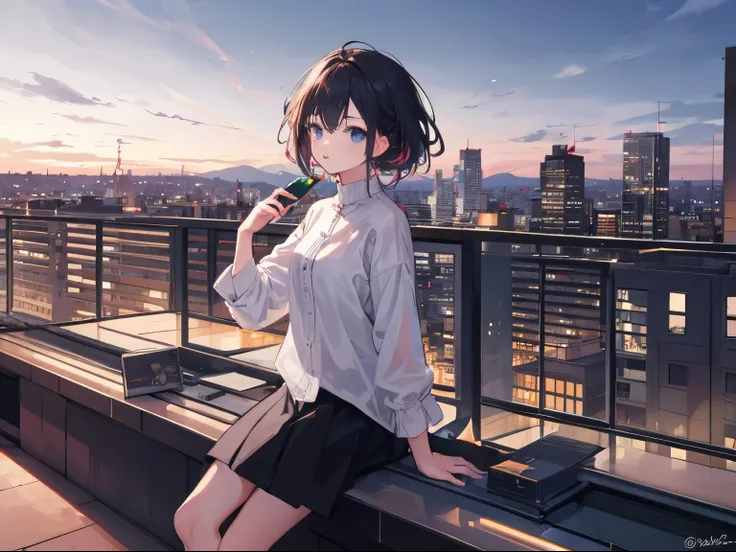 A girl&#39;s night overlooking the cityscape on the rooftop
