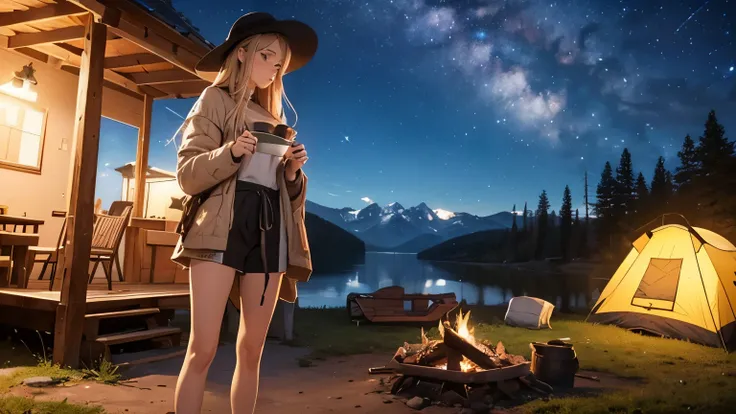 (((A captivating portrayal of a European woman.))) ((In an enchanting scene next to a campfire at a mountain campsite under the stars, mixed media art, Warm and cozy colors, long shot, detailed picture)), ((NSFW:1)),(((outdoor))), (((attractive))), (((magi...