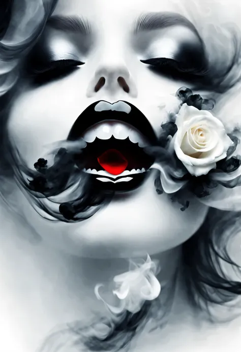 gothic art，dream，（just one stunning close-up of the face），gothic makeup，（a lot of black and white smoke floating around the face...