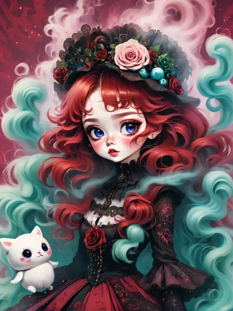 best quality，masterpiece：1.2，detailed details，Ghost doll girl,big eyes，small freckles， Halloween dresses，Red hair，Gothic，蒸汽朋克Gothic维多利亚风格, dark, psychology, Surrealism, sublimation, subconsciousness, mood, enthusiasm, pink、White and red details, Rose backg...