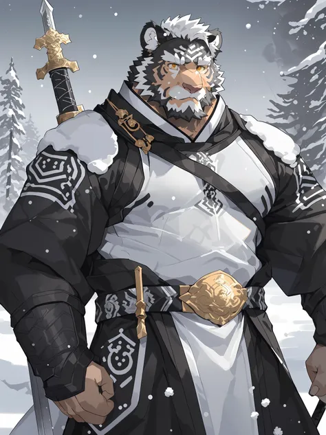 (white skintiger),(黑白阴阳general古代战袍),(Holding a long sword),Powerful posture,Standing calmly,(The background is a city covered with ice and snow:1.2),(abdominal muscles),heroic posture飒爽,完美的masterpiece,Various facial details,distance perspective,specific de...
