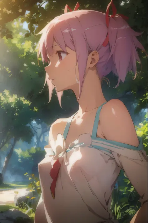 kaname madoka,I was submerged up to my chest in water.,naked tits,((small bust)),((Fair skin)),((pubic hair)),in the forest,summer blue sky,summer sunshine,((very detailed))、(fully detailed face)、(very detailed手)、(highest quality、4k、8k、high resolution、mast...