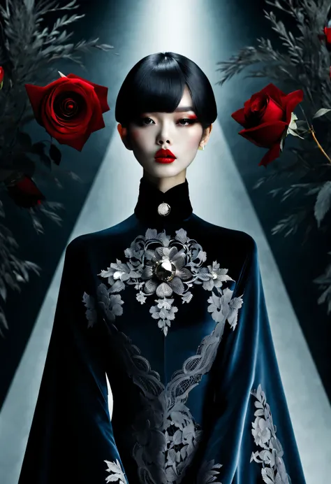 （fashion show），beautiful model，gothic art，Dream，Use the Glow Photography Style，
collar，reveal without revealing，curve，纵向thin and long，Gorgeous，Black色丝绒
廓形：fit and tight，Acute triangle，straight line，streamline，shoulder color：Black，red navy，dark，dark green，V...