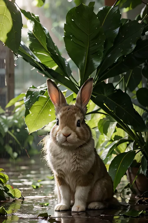 Photorealistic bunny, covering under a leaf during thunderstorm and rain. Bloom. Cute eyes. Afternoon sunlight.