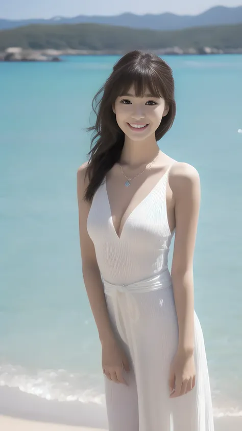 hostess&#39;face、spring clothes, long dress, high quality、surreal、healthy、笑face、Slender perfect figure、beauty of japan、 necklace、perfect eyes beautiful skin、Upper body、The best beach with blue sea, very thin waist, cute gesture, people々focus perfectly on