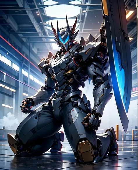 1boy, solo, wide body shot, blue armour with black accents, wearing casual full pants, kneeling with one one leg, (blue aura aro...