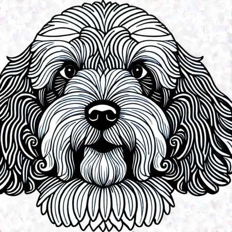 a dog style Poodle, fantasy, magical, mystical, unusual, black and white, white background, white fill color, wavy lines, realistic line art drawing, coloring book page, no noise, sharp thick lines, contour art, centered image, isolated on a white backgrou...