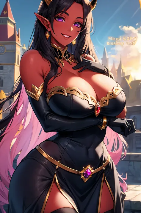 eredar, long black hair, long elf ears, horns, colored skin, red skin, hair stick, bangs, violet eyes, solo, smiling, standing, upper body, hips, bare shoulders,purple thighhighs,black dress, gold jewelry,armor,gloves,circlet, cleavage, red and gold royal ...