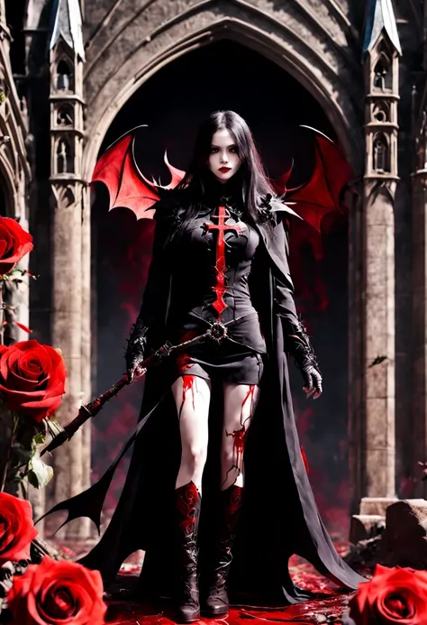 (Messenger from hell:1.4),cross,one个巨大的吸Blood鬼,View of sickle from below,hell,magma,flame,(紫色flame:1.3),There is fresh Blood on the ground,Blood pool,dripping Blood,Gothic aesthetics,one、Rose、castle、cross、Blood、churchyard,gothic style的神秘、solemn and profoun...