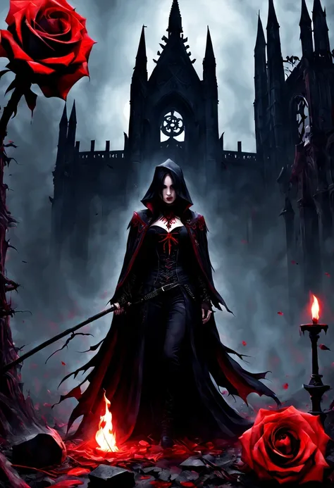 (Messenger from hell:1.4),cross,one个巨大的吸Blood鬼,View of sickle from below,hell,magma,flame,(紫色flame:1.3),There is fresh Blood on the ground,Blood pool,dripping Blood,Gothic aesthetics,one、Rose、castle、cross、Blood、churchyard,gothic style的神秘、solemn and profoun...