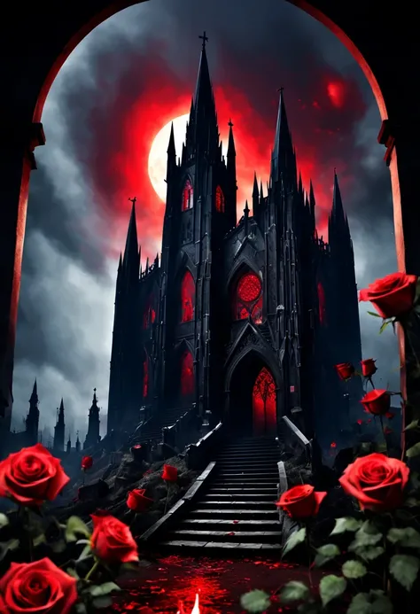 (Messenger from hell:1.4),cross,one个巨大的吸Blood鬼,View of sickle from below,hell,magma,flame,(紫色flame:1.3),There is fresh Blood on the ground,Blood pool,dripping Blood,Gothic aesthetics,one、Rose、castle、cross、Blood、churchyard,gothic style的神秘、solemn and profoun...