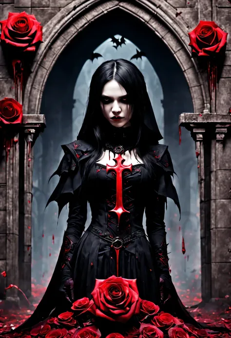 (Messenger from hell:1.4),cross,one个巨大的吸Blood鬼,View of sickle from below,hell,magma,flame,(紫色flame:1.3),There is fresh Blood on the ground,Blood pool,dripping Blood,Gothic aesthetics,one、Rose、castle、cross、Blood、churchyard,gothic style的神秘、solemn and profoun...
