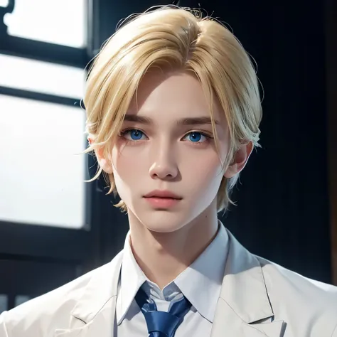 Boy, blonde hair, blue eyes, sharp features, white skin, formal school uniform