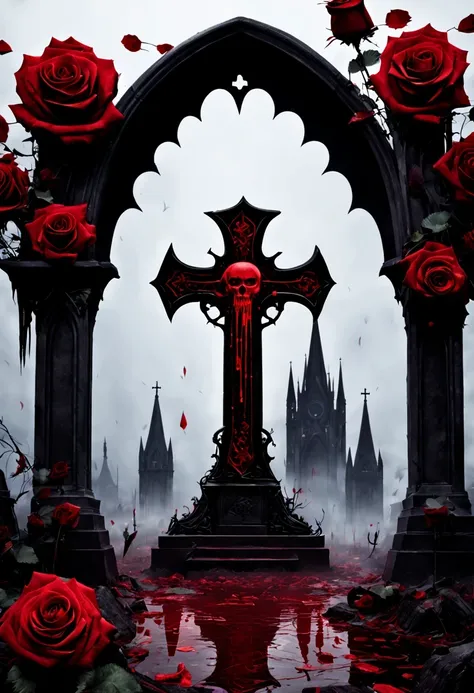 (Messenger from hell:1.4),cross,one个巨大的吸Blood鬼,View of sickle from below,hell,magma,flame,(紫色flame:1.3),There is fresh Blood on the ground,Blood pool,dripping Blood,Gothic aesthetics,one、Rose、castle、cross、Blood、churchyard,gothic style的神秘、solemn and profoun...