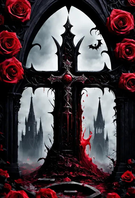 (Messenger from hell:1.4),cross,one个巨大的吸Blood鬼,View of sickle from below,hell,magma,flame,(紫色flame:1.3),There is fresh Blood on the ground,Blood pool,dripping Blood,Gothic aesthetics,one、Rose、castle、cross、Blood、churchyard,gothic style的神秘、solemn and profoun...