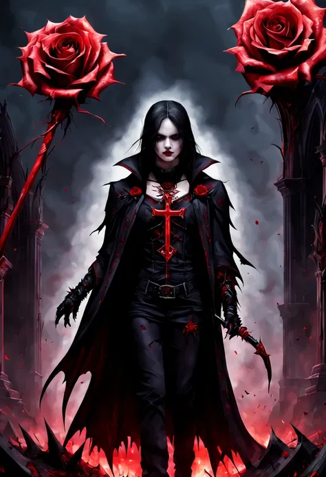 (Messenger from hell:1.4),cross,one个巨大的吸Blood鬼,View of sickle from below,hell,magma,flame,(紫色flame:1.3),There is fresh Blood on the ground,Blood pool,dripping Blood,Gothic aesthetics,one、Rose、castle、cross、Blood、churchyard,gothic style的神秘、solemn and profoun...