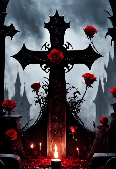 (Messenger from hell:1.4),cross,one个巨大的吸Blood鬼,View of sickle from below,hell,magma,flame,(紫色flame:1.3),There is fresh Blood on the ground,Blood pool,dripping Blood,Gothic aesthetics,one、Rose、castle、cross、Blood、churchyard,gothic style的神秘、solemn and profoun...