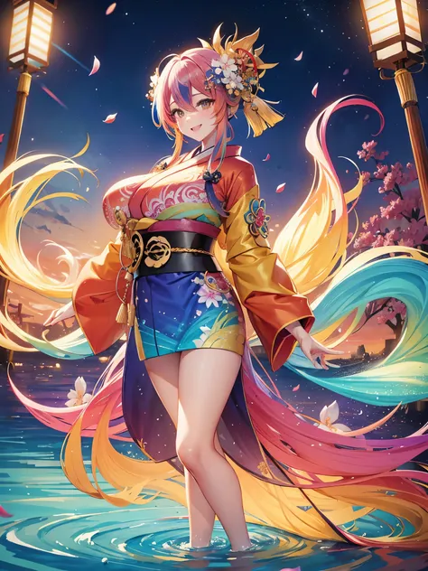 Playing in the tide,Luxley, Split color hair, Wind, Flying petals, stainedglassai, ornamental, Intricate details, dufkova, 8K, Super long hair,Big braid ponytail,Ahoge, Wavy,(colorful kimono:1.5),Rainbiu color kimono, Girls geisya,alraune,flower, alraune,(...