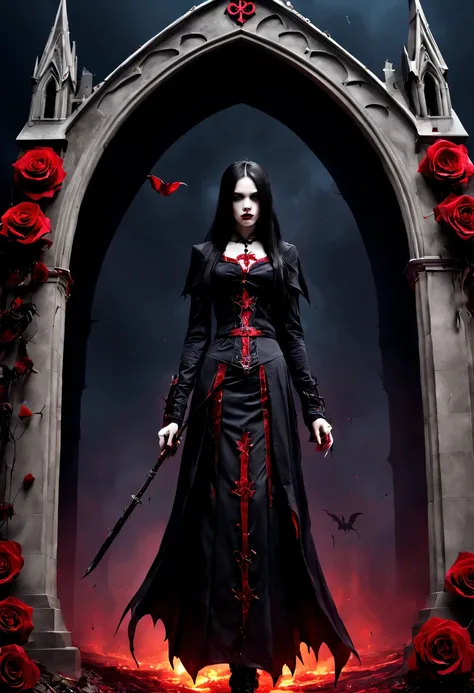 (Messenger from hell:1.4),cross,one个巨大的吸Blood鬼,View of sickle from below,hell,magma,flame,(紫色flame:1.3),There is fresh Blood on the ground,Blood pool,dripping Blood,Gothic aesthetics,one、Rose、castle、cross、Blood、churchyard,gothic style的神秘、solemn and profoun...