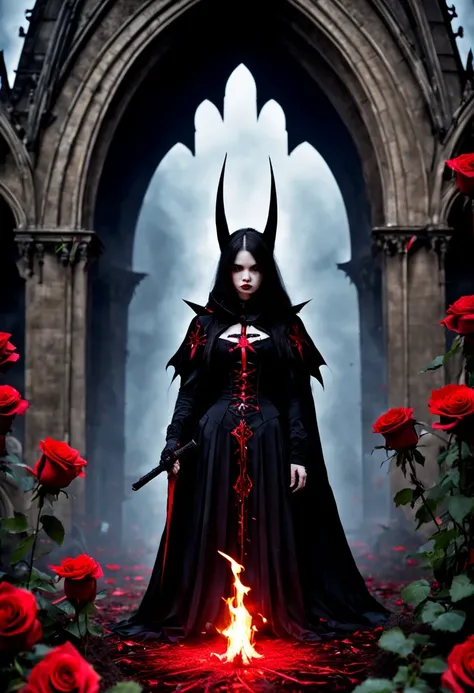 （Messenger from hell：1.4），cross，one个巨大的吸Blood鬼，View of sickle from below，hell，magma，flame，（紫色flame：1.3），There is fresh Blood on the ground，Blood pool，dripping Blood，Gothic aesthetics，one、Rose、castle、cross、Blood、churchyard，gothic style的神秘、solemn and profoun...