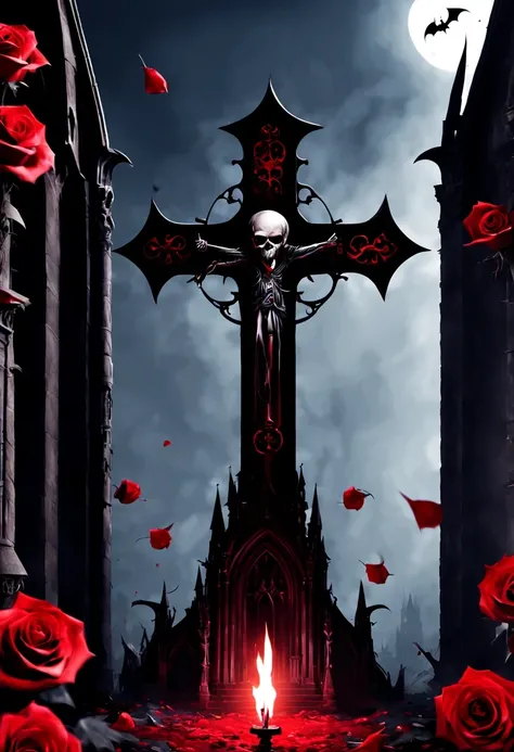 (Messenger from hell:1.4),cross,one个巨大的吸Blood鬼,View of sickle from below,hell,magma,flame,(紫色flame:1.3),There is fresh Blood on the ground,Blood pool,dripping Blood,Gothic aesthetics,one、Rose、castle、cross、Blood、churchyard,gothic style的神秘、solemn and profoun...