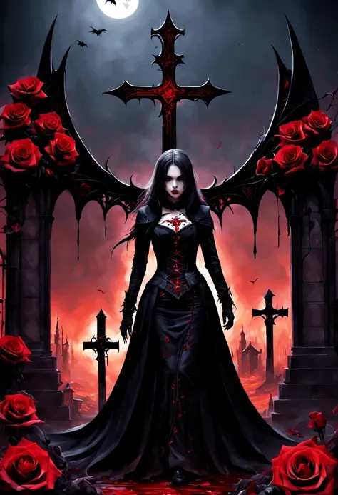 （Messenger from hell：1.4），cross，one个巨大的吸Blood鬼，View of sickle from below，hell，magma，flame，（紫色flame：1.3），There is fresh Blood on the ground，Blood pool，dripping Blood，Gothic aesthetics，one、Rose、castle、cross、Blood、churchyard，gothic style的神秘、solemn and profoun...