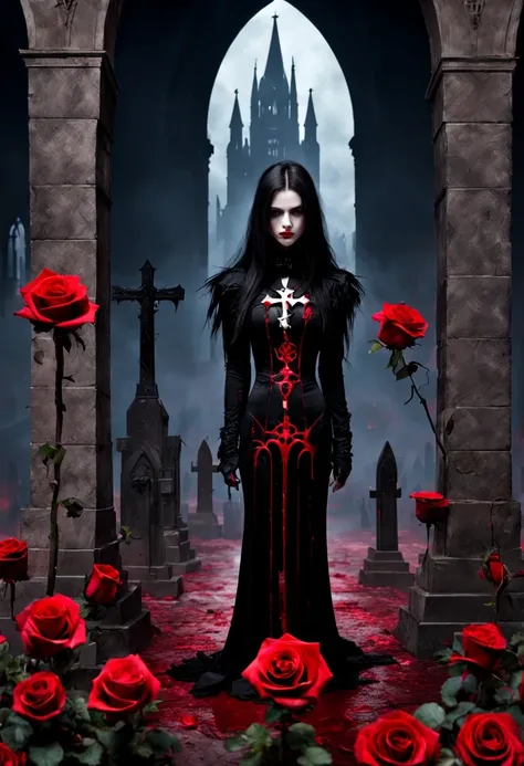 (Messenger from hell:1.4),cross,one个巨大的吸Blood鬼,View of sickle from below,hell,magma,flame,(紫色flame:1.3),There is fresh Blood on the ground,Blood pool,dripping Blood,Gothic aesthetics,one、Rose、castle、cross、Blood、churchyard,gothic style的神秘、solemn and profoun...