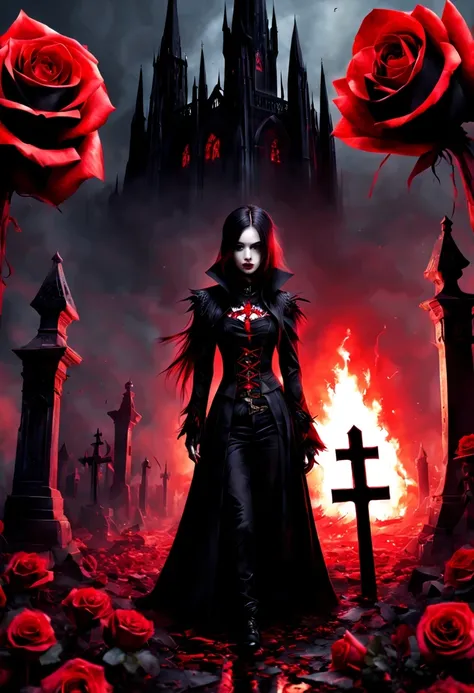 (Messenger from hell:1.4),cross,one个巨大的吸Blood鬼,View of sickle from below,hell,magma,flame,(紫色flame:1.3),There is fresh Blood on the ground,Blood pool,dripping Blood,Gothic aesthetics,one、Rose、castle、cross、Blood、churchyard,gothic style的神秘、solemn and profoun...