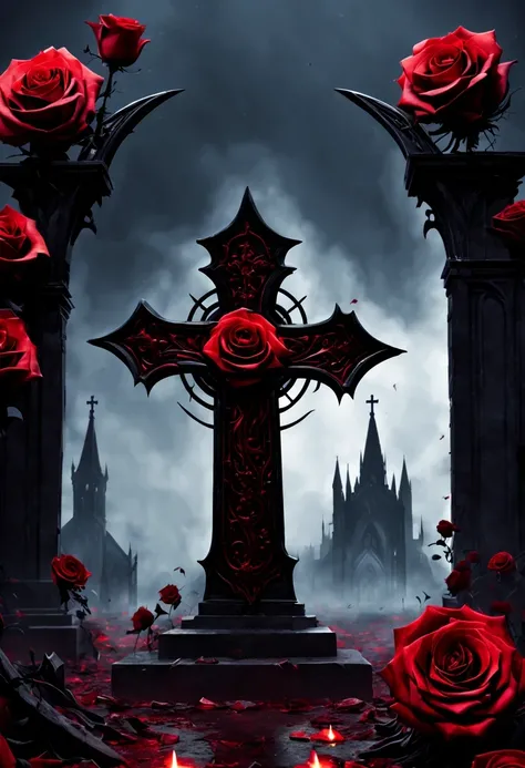 (Messenger from hell:1.4),cross,one个巨大的吸Blood鬼,View of sickle from below,hell,magma,flame,(紫色flame:1.3),There is fresh Blood on the ground,Blood pool,dripping Blood,Gothic aesthetics,one、Rose、castle、cross、Blood、churchyard,gothic style的神秘、solemn and profoun...