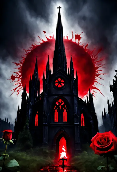 (Messenger from hell:1.4),cross,one个巨大的吸Blood鬼,View of sickle from below,hell,magma,flame,(紫色flame:1.3),There is fresh Blood on the ground,Blood pool,dripping Blood,Gothic aesthetics,one、Rose、castle、cross、Blood、churchyard,gothic style的神秘、solemn and profoun...