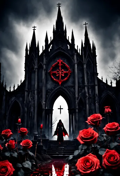 (Messenger from hell:1.4),cross,one个巨大的吸Blood鬼,View of sickle from below,hell,magma,flame,(紫色flame:1.3),There is fresh Blood on the ground,Blood pool,dripping Blood,Gothic aesthetics,one、Rose、castle、cross、Blood、churchyard,gothic style的神秘、solemn and profoun...