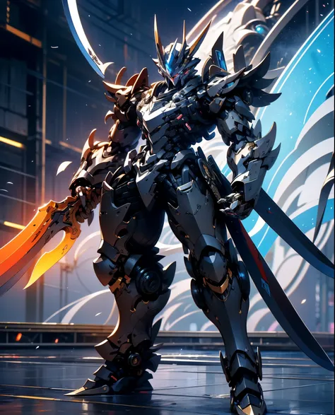 1BOY, SOLO, WIDE BODY SHOT, BLUE ARMOUR WITH BLACK ACCENTS, WEARING CASUAL FULL PANTS, STANDING WITH ONE ONE LEG, (BLUE AURA AROUND HIM:1.4), (MECHA HELM:1.4), (DRAGON GUARD ARM, GLOVES), (WHITE, BLACK), (MECHA CYBER SHINY ARMORED SUIT, A PAIR MECHANICAL A...