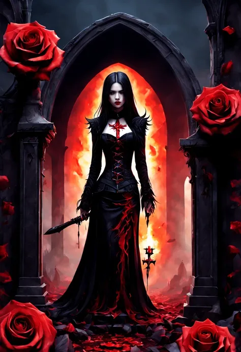 (Messenger from hell:1.4),cross,one个巨大的吸Blood鬼,View of sickle from below,hell,magma,flame,(紫色flame:1.3),There is fresh Blood on the ground,Blood pool,dripping Blood,Gothic aesthetics,one、Rose、castle、cross、Blood、churchyard,gothic style的神秘、solemn and profoun...