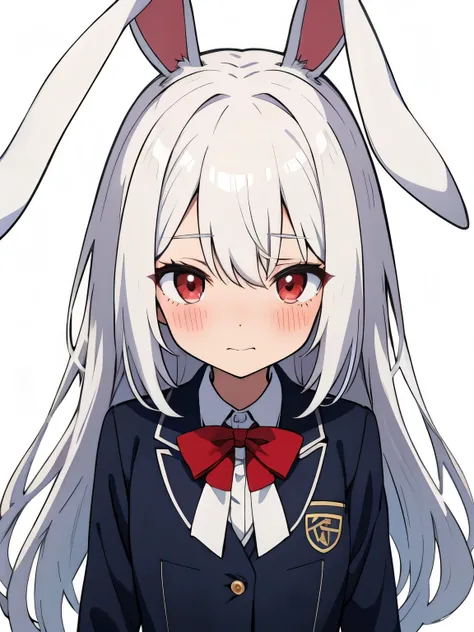 Anime girl with white hair and rabbit ears, red eyes, shy blush, school uniform