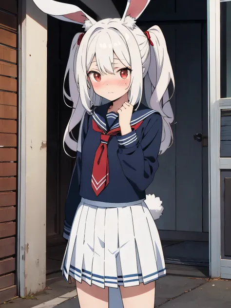 Anime girl with white hair and rabbit ears, red eyes, shy blush, school uniform